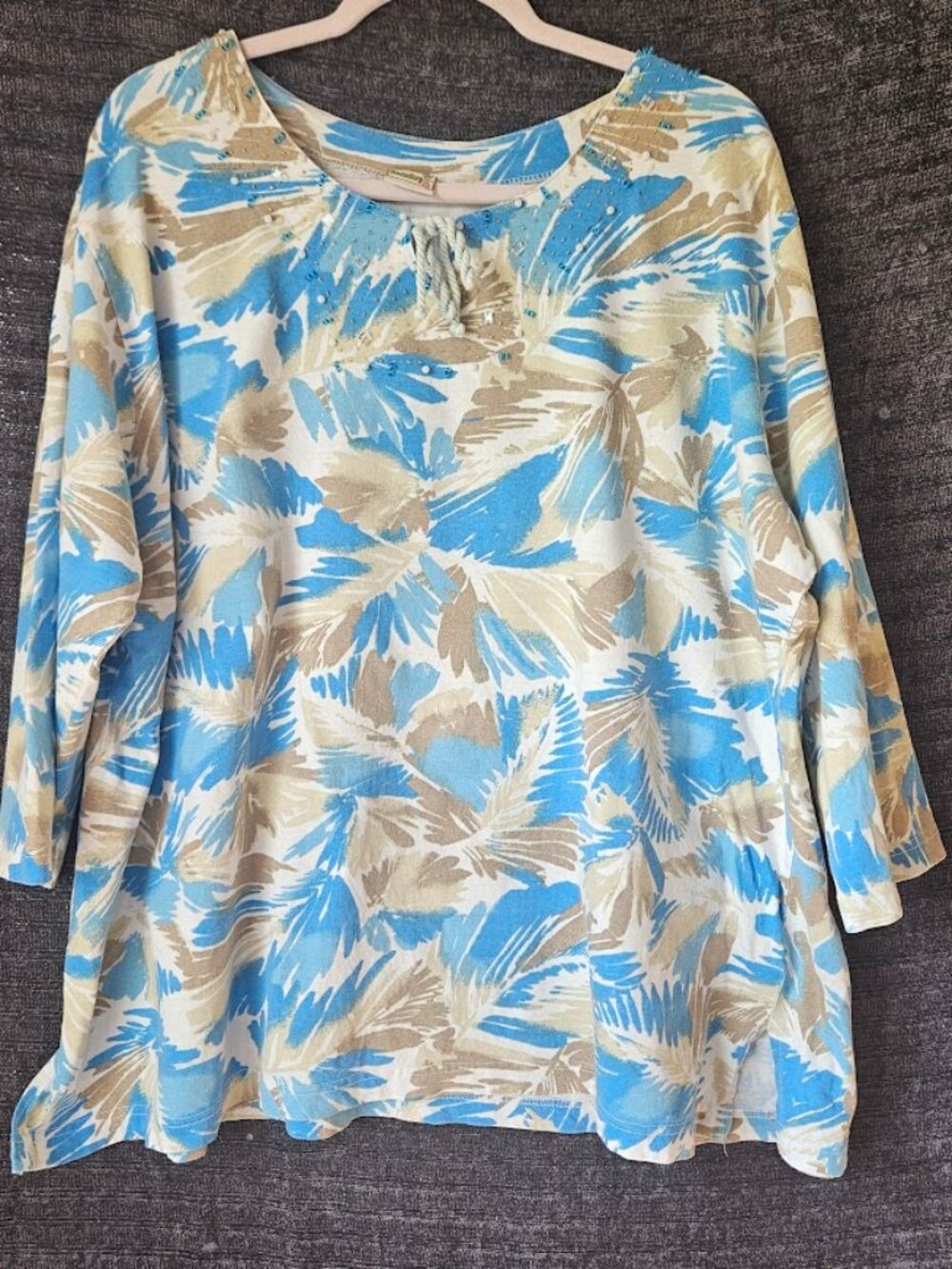 Boca Bay Women's Plus Tunic Top 3/4 Sleeve Tropical Palm Print Beaded Sz 3X